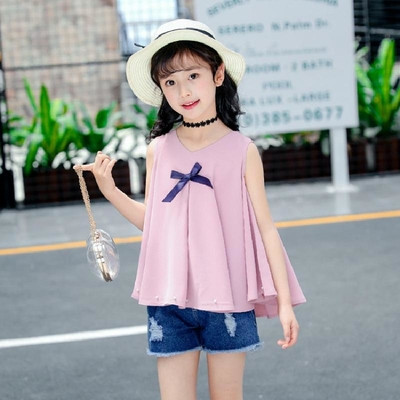 Παιδικό μπλουζάκι για κορίτσι με κορδέλα και διακοσμητικά μαργαριτάρια σε φαρδύ σχέδιο - τρία χρώματα