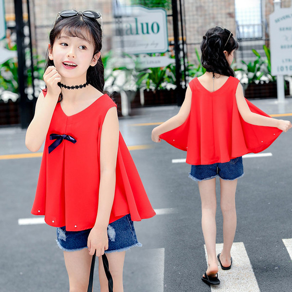 Παιδικό μπλουζάκι για κορίτσι με κορδέλα και διακοσμητικά μαργαριτάρια σε φαρδύ σχέδιο - τρία χρώματα