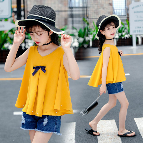 Παιδικό μπλουζάκι για κορίτσι με κορδέλα και διακοσμητικά μαργαριτάρια σε φαρδύ σχέδιο - τρία χρώματα