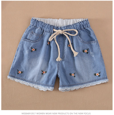 Ежедневни детски къси дънкови панталони за момичета с бродерия и връзки