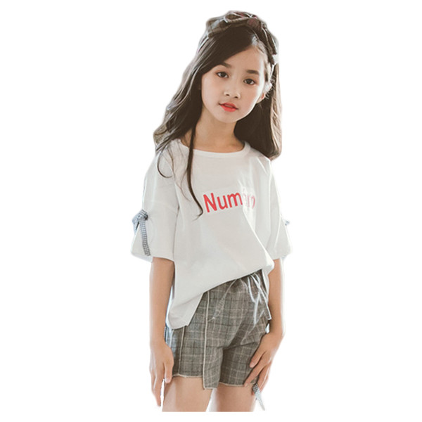 Set de vară pentru fete pentru copii în două părți - bluză cu mâneci scurte și inscripție + pantaloni scurți în carouri
