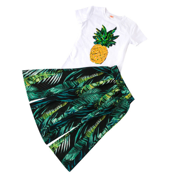 Παιδικό σετ για κορίτσια - μπλουζάκι με κοντό μανίκι και εκτύποση  ανανά με πούλιες + μοτίβο λουλουδιών