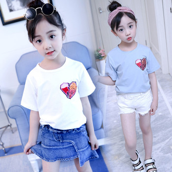 Детска тениска за момиче с бродерия в бял и син цвят