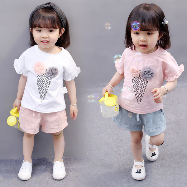 Μοντέρνο παιδικό σύνολο για κορίτσια,  σορτς και κοντομάνικο μπλουζάκι - δύο χρώματα