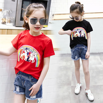 Памучна детска тениска за момиче с апликация в бял и черен цвят