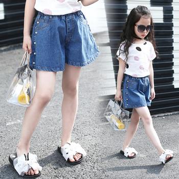 Детски къси дънкови панталони с перли - широк модел