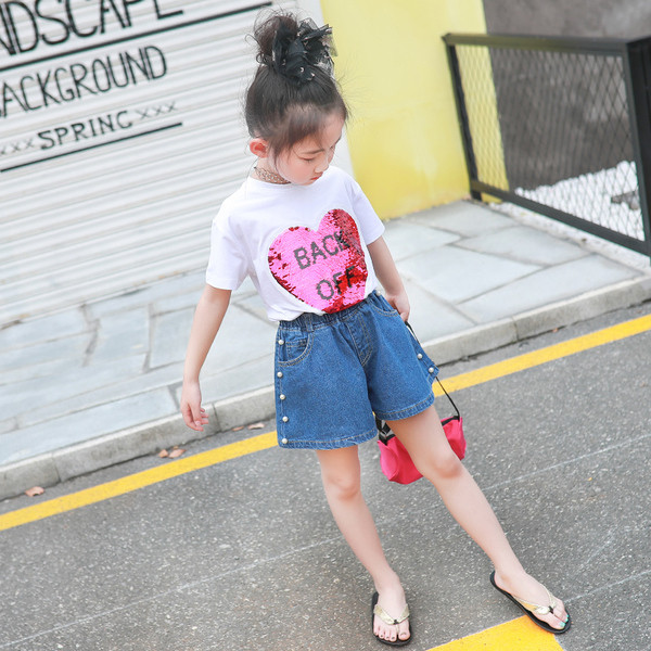 Pantaloni scurți din denim pentru copii cu perle - model larg