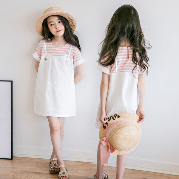 Set copii pentru fete in doua parti - rochie cu bretele subtiri + tricou cu maneci scurte in dungi