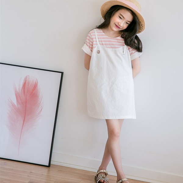 Set copii pentru fete in doua parti - rochie cu bretele subtiri + tricou cu maneci scurte in dungi