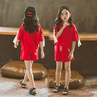 Set sport pentru fete pentru copii din două părți - tricou cu mâneci scurte și pantaloni scurți - două culori