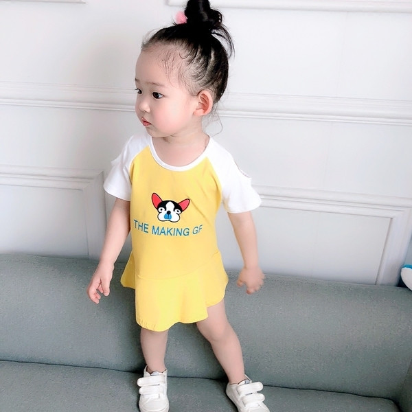 Rochie casual pentru copii cu aplicatie colorata in doua culori