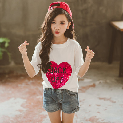 Παιδικό σετ για κορίτσια - μπλουζάκι κοντομάνικο και πούλιες + κοντό παντελόνι τζιν