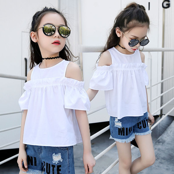 Bluză modernă pentru copii alb cu umerii deschiși