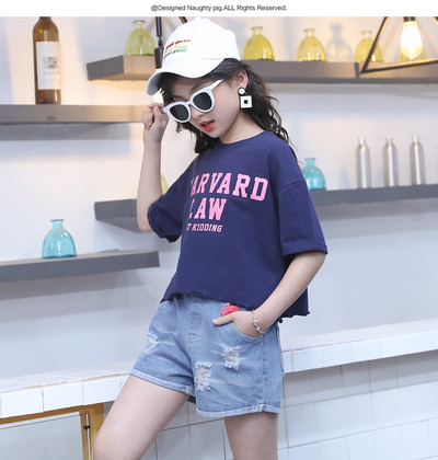 Σετ για κορίτσια δύο τεμαχίων - κοντά παντελόνια τζιν + κοντομάνικο πουκάμισοσε τρία χρώματα