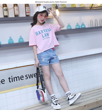 Σετ για κορίτσια δύο τεμαχίων - κοντά παντελόνια τζιν + κοντομάνικο πουκάμισοσε τρία χρώματα