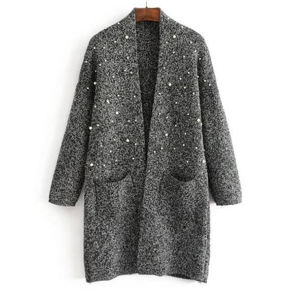 Дамска плътна жилетка в тъмни цветове с перли