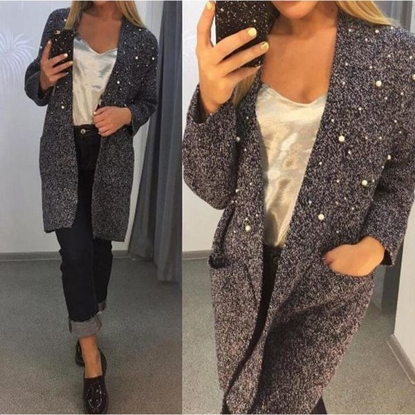 Дамска плътна жилетка в тъмни цветове с перли