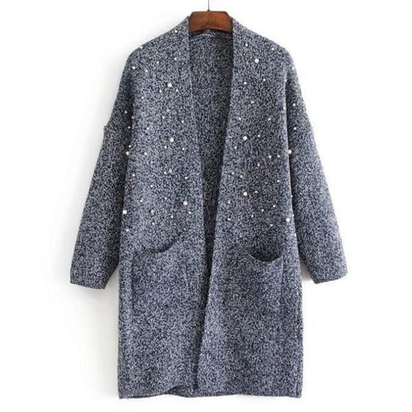 Дамска плътна жилетка в тъмни цветове с перли