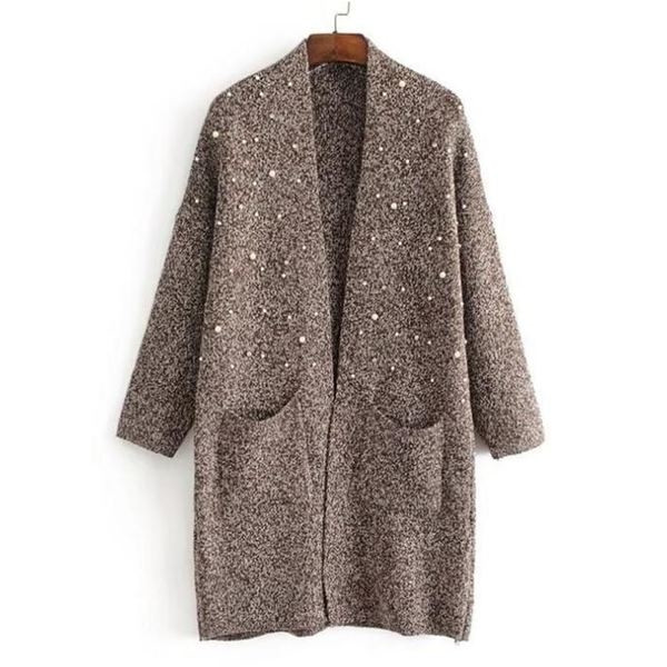 Дамска плътна жилетка в тъмни цветове с перли