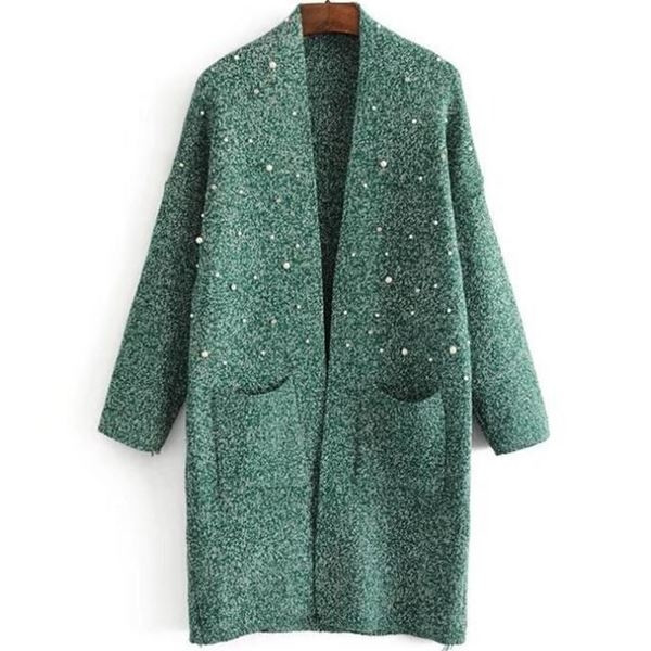 Дамска плътна жилетка в тъмни цветове с перли