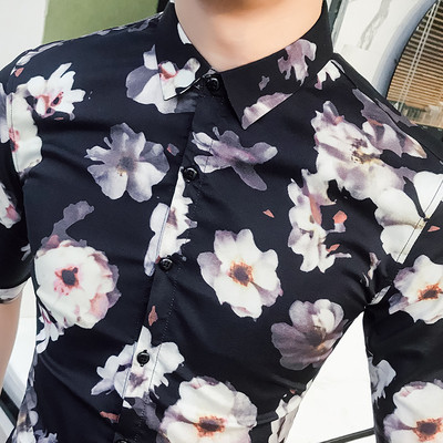 Cămașă modernă pentru bărbați cu motive florale și mâneci 3/4