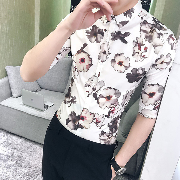 Cămașă modernă pentru bărbați cu motive florale și mâneci 3/4