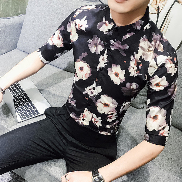 Cămașă modernă pentru bărbați cu motive florale și mâneci 3/4