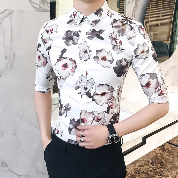 Cămașă modernă pentru bărbați cu motive florale și mâneci 3/4