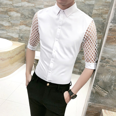 Μοντέρνο ανδρικό πουκάμισο  με μανίκια 3/4 σε μαύρο και άσπρο χρώμα