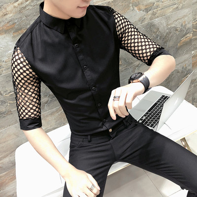 Μοντέρνο ανδρικό πουκάμισο  με μανίκια 3/4 σε μαύρο και άσπρο χρώμα