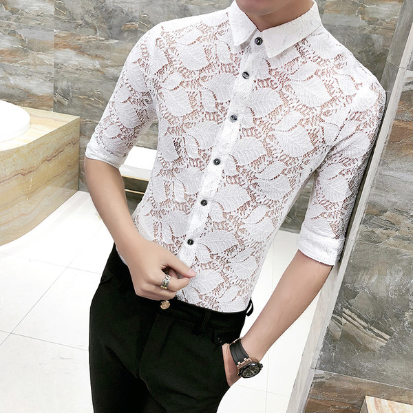 Cămașă bărbătească din dantelă cu mâneci 3/4 Model Slim în trei culori