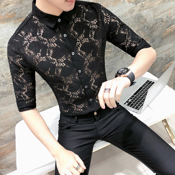 Cămașă bărbătească din dantelă cu mâneci 3/4 Model Slim în trei culori