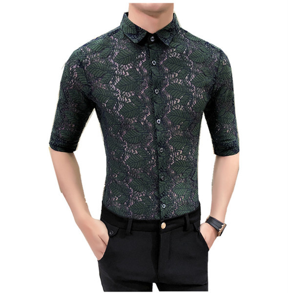 Cămașă bărbătească din dantelă cu mâneci 3/4 Model Slim în trei culori