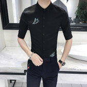 Μοντέρνο ανδρικό πουκάμισο με κεντήματα και μανίκια 3/4 σε δύο χρώματα