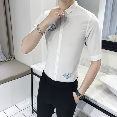 Μοντέρνο ανδρικό πουκάμισο με κεντήματα και μανίκια 3/4 σε δύο χρώματα