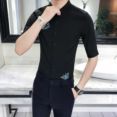 Μοντέρνο ανδρικό πουκάμισο με κεντήματα και μανίκια 3/4 σε δύο χρώματα