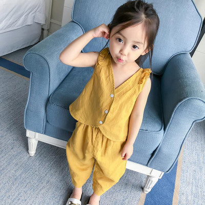 Παιδικό βαμβακερό σετ για κορίτσια αμάνικο με κουμπιά και παντελόνια σε δύο χρώματα