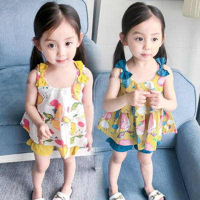 Ежедневен детски комплект за момичета от две части с апликация плодчета в два цвята