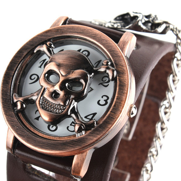 Ceas retro barbatesc cu capac si curea din piele in doua culori