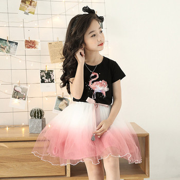 Модерен детски сет за момичета включващ - тениска с апликация фламинго и тюлена пола - два цвята