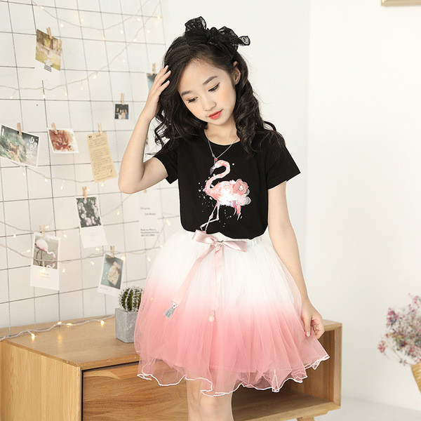 Set modern pentru copii pentru fete, inclusiv - tricou cu aplicație flamingo și fustă cu sigiliu - două culori