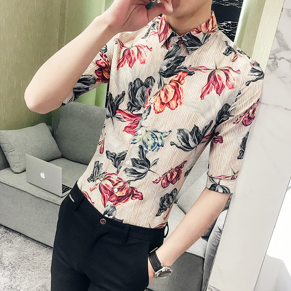 Cămașă bărbătească din bumbac cu mâneci 3/4 cu motive florale în două culori