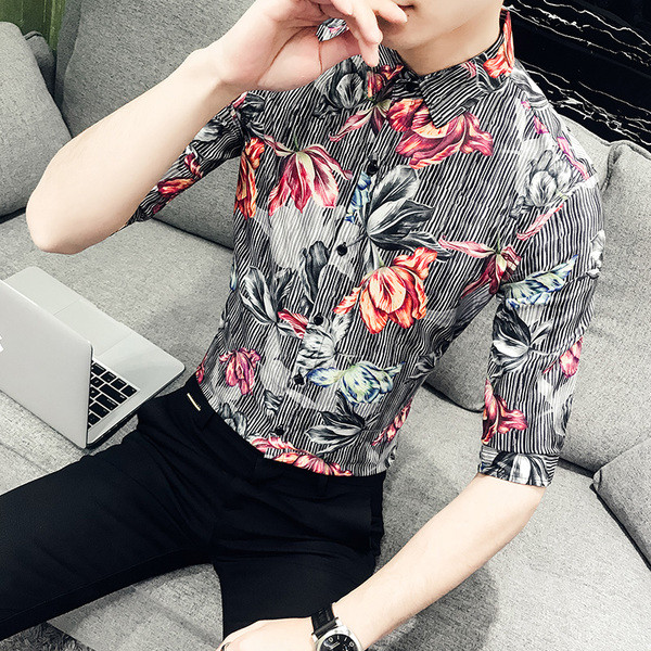 Cămașă bărbătească din bumbac cu mâneci 3/4 cu motive florale în două culori