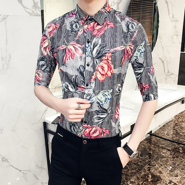 Cămașă bărbătească din bumbac cu mâneci 3/4 cu motive florale în două culori