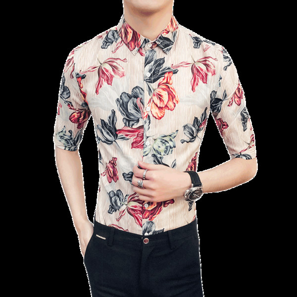 Cămașă bărbătească din bumbac cu mâneci 3/4 cu motive florale în două culori
