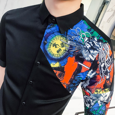 Стилна мъжка риза с 3/4 ръкави и цветна апликация в два цвята 