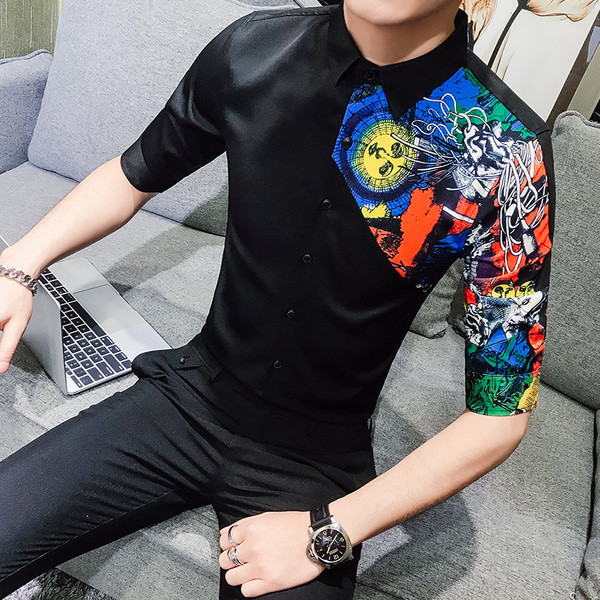 Стилна мъжка риза с 3/4 ръкави и цветна апликация в два цвята 