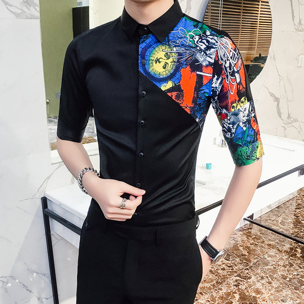 Стилна мъжка риза с 3/4 ръкави и цветна апликация в два цвята 