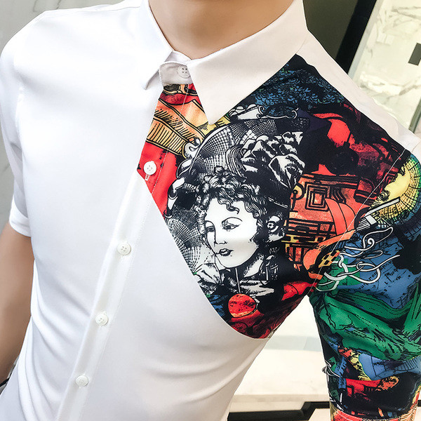 Стилна мъжка риза с 3/4 ръкави и цветна апликация в два цвята 