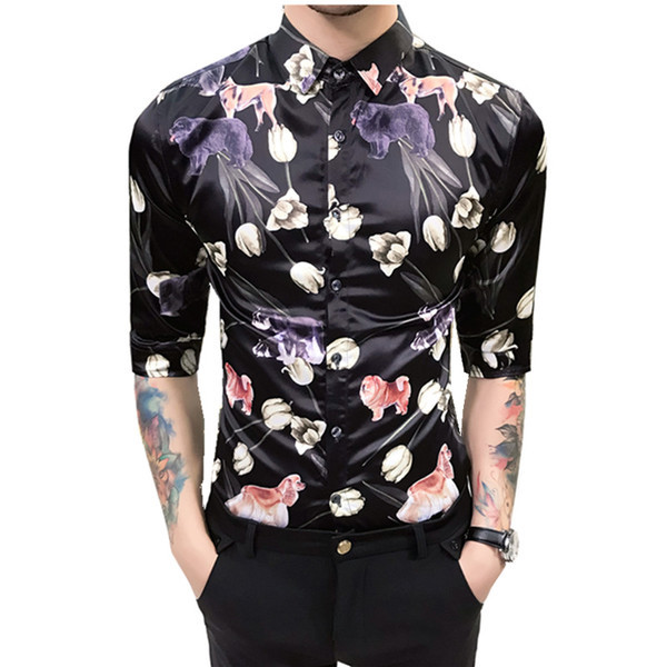 Cămașă bărbătească din satin cu motive florale în alb-negru